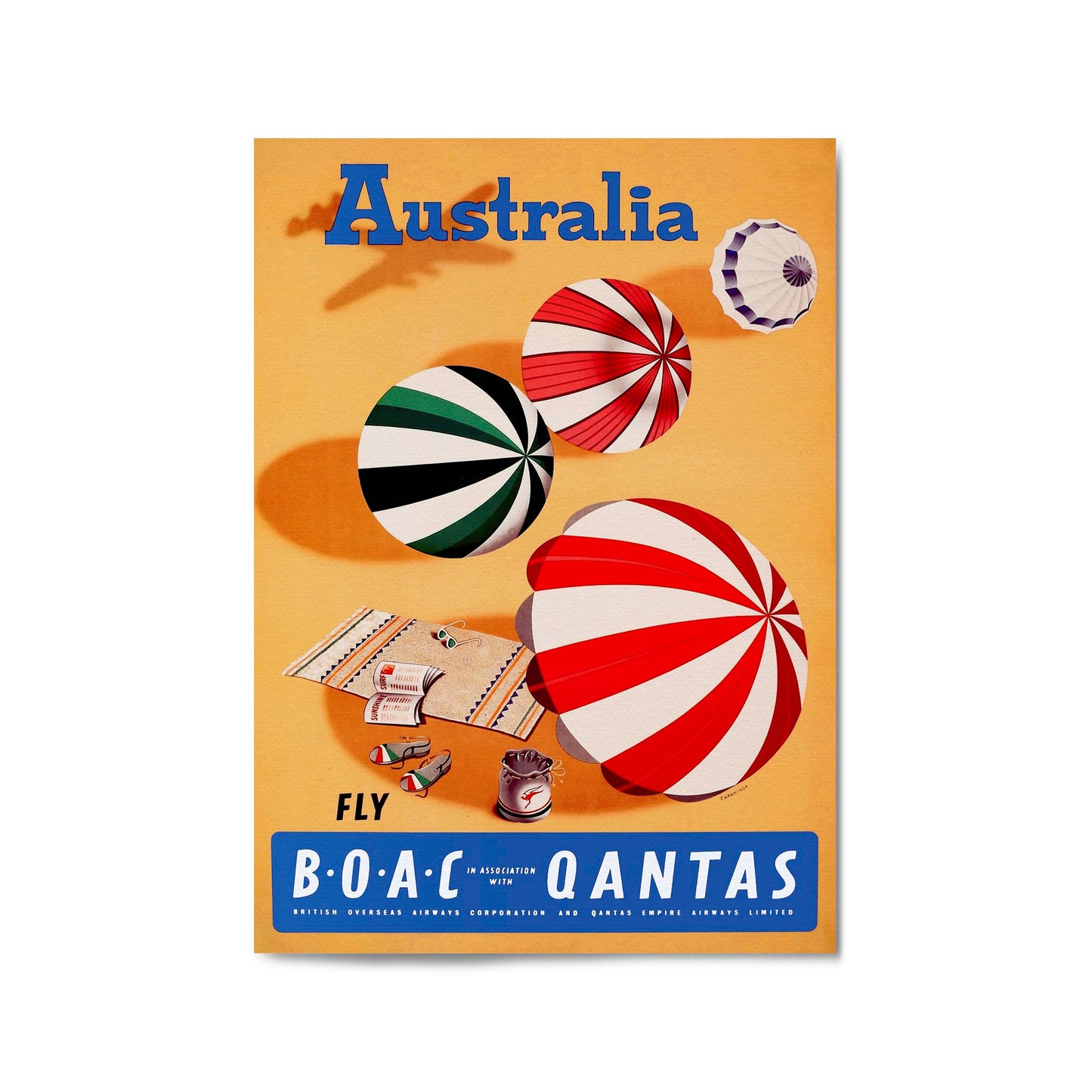 BOAC Qantas Summer Beach Australia | Framed Vintage Travel Poster