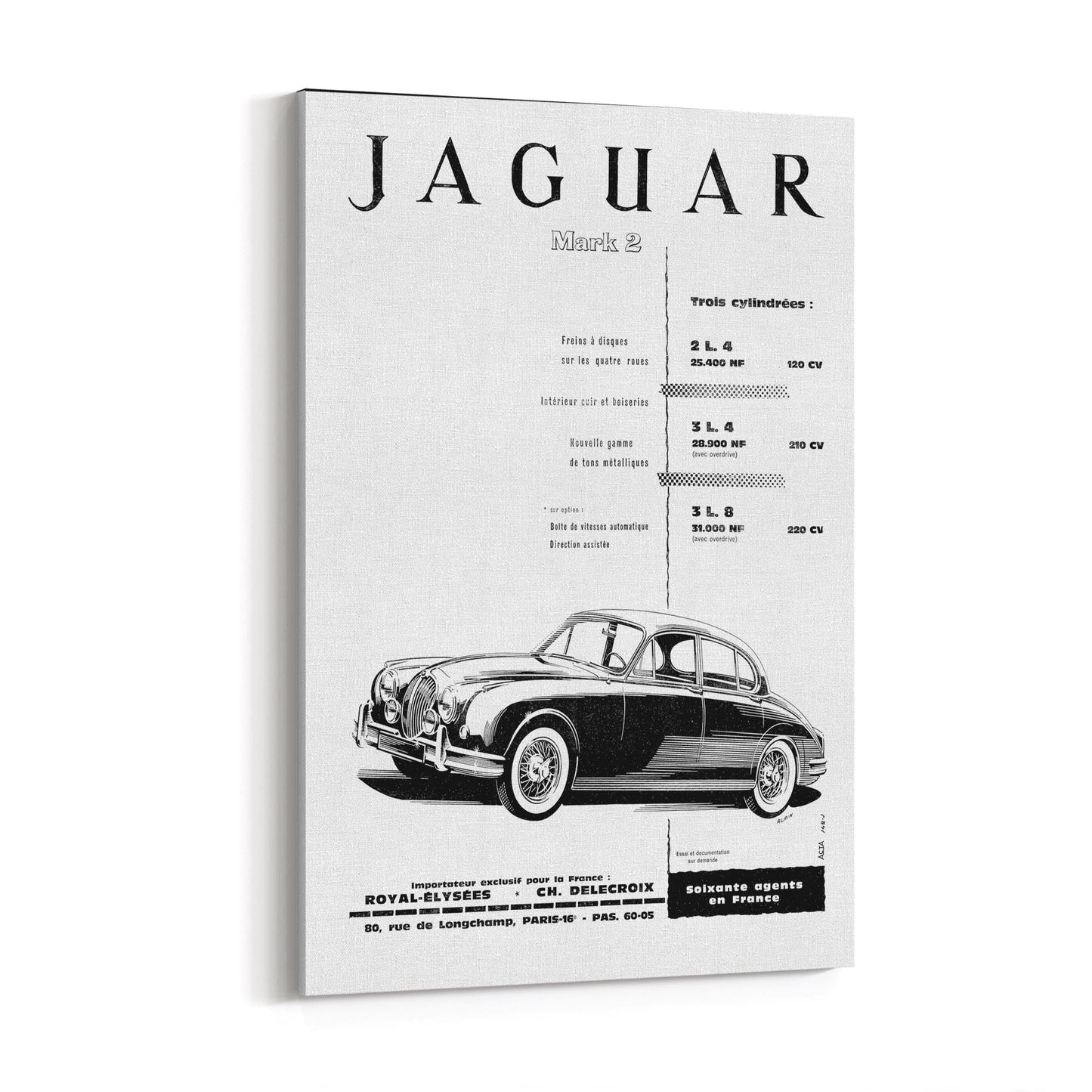"Jaguar Mark 2" French Car | Framed Canvas Vintage Design