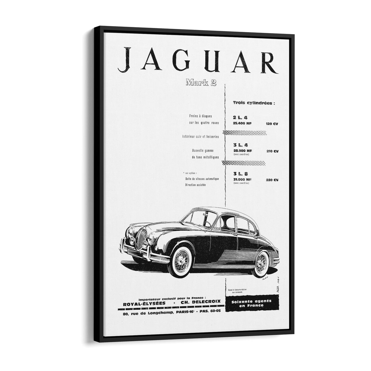 "Jaguar Mark 2" French Car | Framed Canvas Vintage Design