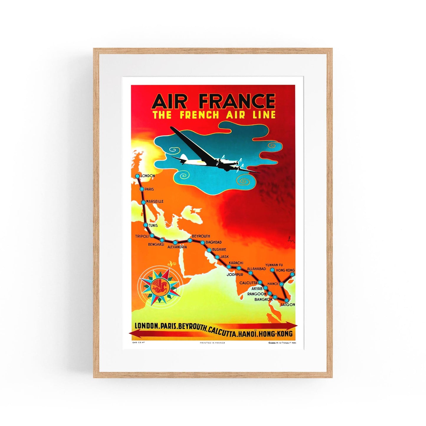 Air France Poster - London to Hong Kong Route | Framed Vintage Travel Poster