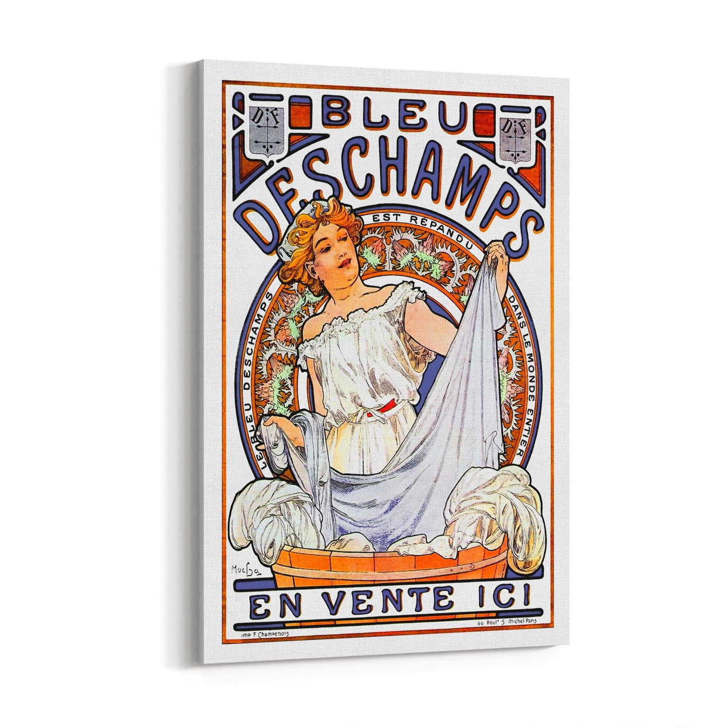 Bleu Dechamps by Alphonse Mucha Laundry | Framed Canvas Vintage Advertisement