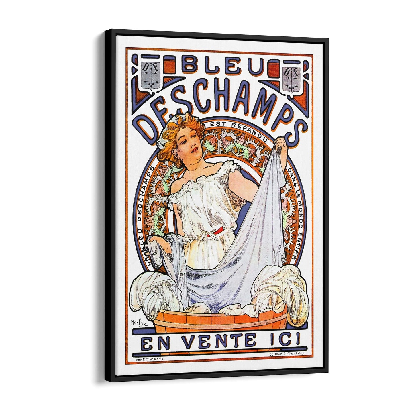Bleu Dechamps by Alphonse Mucha Laundry | Framed Canvas Vintage Advertisement
