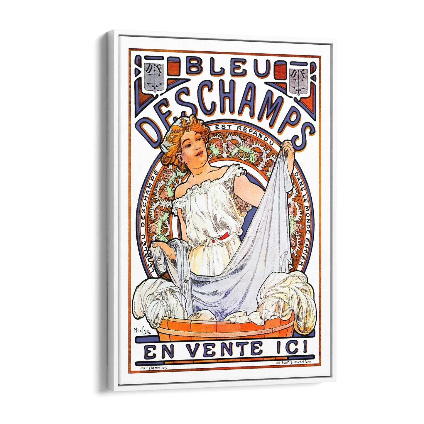 Bleu Dechamps by Alphonse Mucha Laundry | Framed Canvas Vintage Advertisement