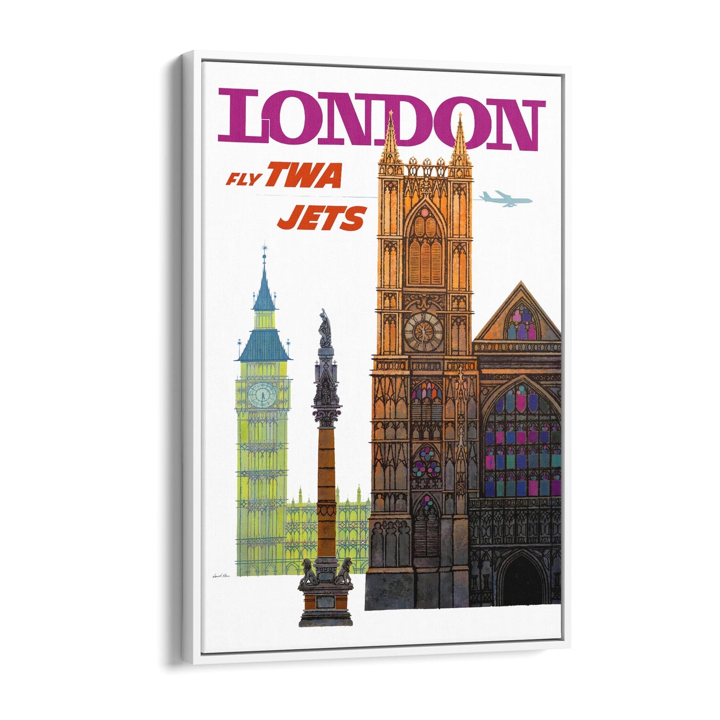 London Landmarks "Fly TWA Jets" by David Klein | Framed Canvas Vintage Travel Advertisement