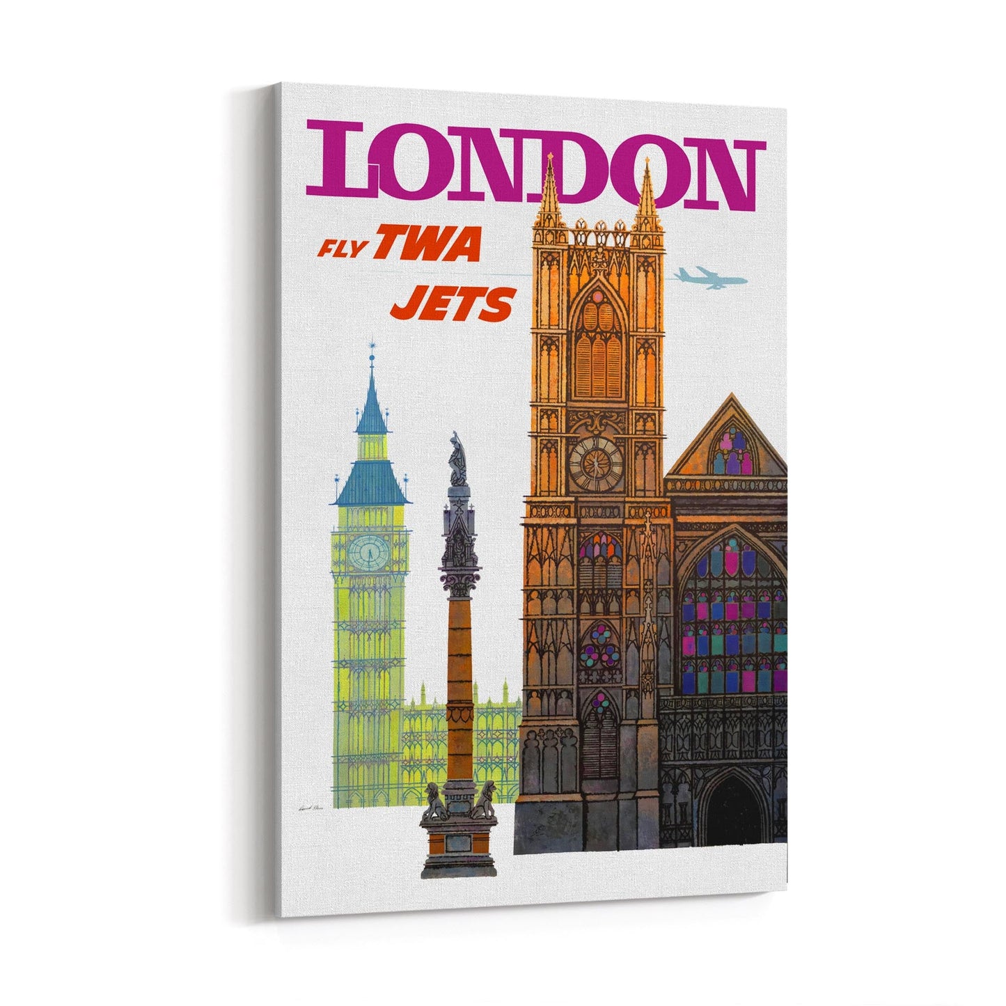 London Landmarks "Fly TWA Jets" by David Klein | Framed Canvas Vintage Travel Advertisement