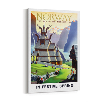 Norway "The Land of the Midnight Sun in Festive Spring" | Framed Canvas Vintage Travel Advertisement