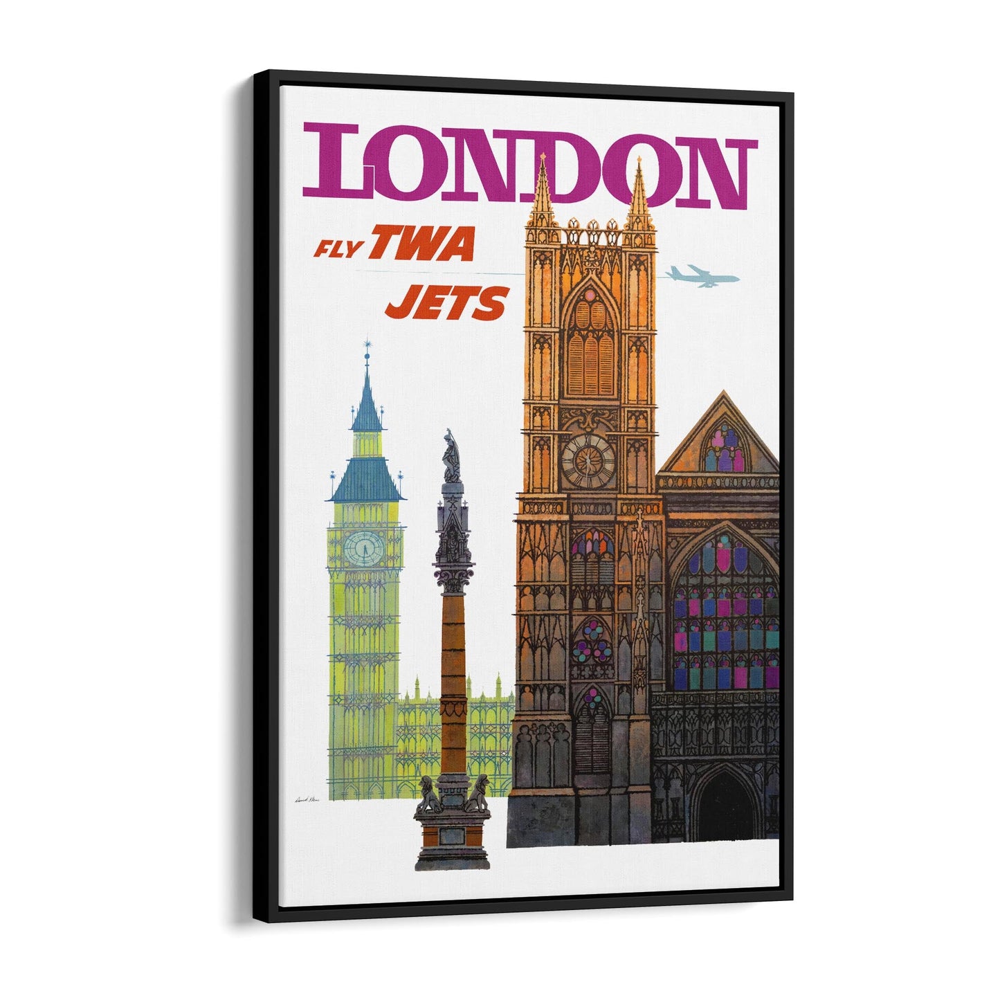 London Landmarks "Fly TWA Jets" by David Klein | Framed Canvas Vintage Travel Advertisement