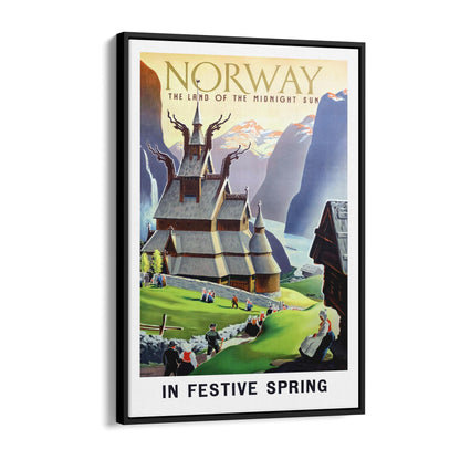 Norway "The Land of the Midnight Sun in Festive Spring" | Framed Canvas Vintage Travel Advertisement