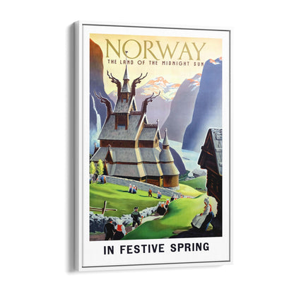 Norway "The Land of the Midnight Sun in Festive Spring" | Framed Canvas Vintage Travel Advertisement